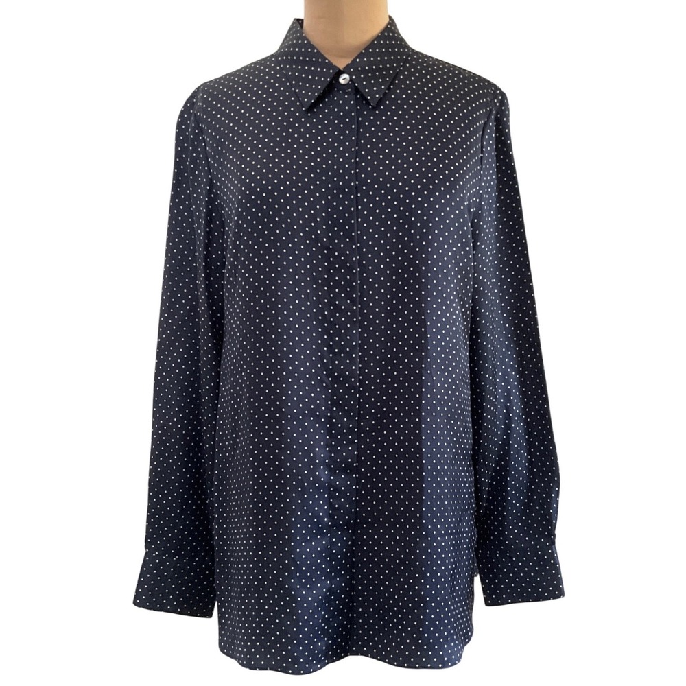 Theory Polka Dot Cupro Straight Shirt Navy White Covered Placket Blouse Women M
